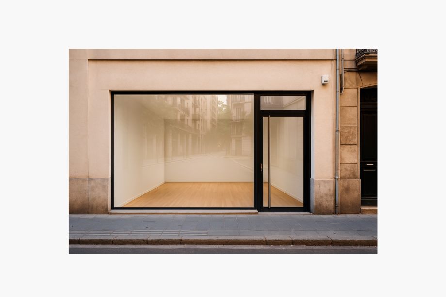 Local comercial vacío con fachada de cristal en calle urbana.