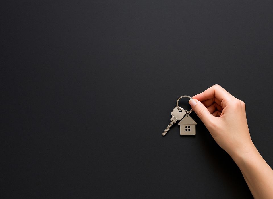 Mano sosteniendo un llavero con llaves y colgante en forma de casa sobre fondo negro.