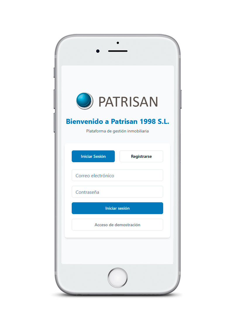 Pantalla de inicio de sesión de la plataforma inmobiliaria Patrisan en un smartphone.